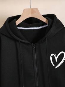 INAWLY Áo nỉ cỡ lớn in hình trái tim, khóa kéo, vai rớt, dây rút, lót giữ nhiệt - màu đen - Xem 3