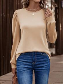 SHEIN LUNE Solid Puff Sleeve Tee - Apricot - View 4
