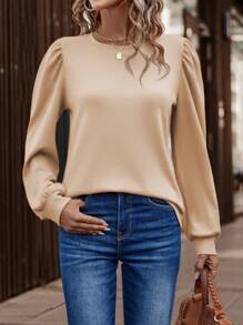 SHEIN LUNE Solid Puff Sleeve Tee - Apricot - View 5