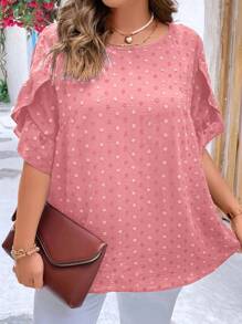 Celure 大碼圓點荷葉邊花瓣袖襯衫 - 粉色 - 查看 3
