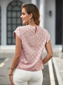 SHEIN Clasi Gold Dot Print Twist Front Blouse - Pink - View 2