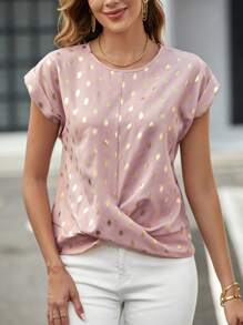 SHEIN Clasi Gold Dot Print Twist Front Blouse - Pink - View 1