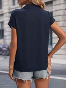 SHEIN LUNE Solid Button Front Batwing Sleeve Shirt - Navy Blue - View 2