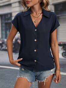 SHEIN LUNE Solid Button Front Batwing Sleeve Shirt - Navy Blue - View 6