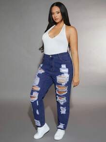 SHEIN Plus High Waist Ripped Mom Fit Jeans - Medium Wash - View 4
