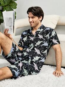 Men Dinosaur Print PJ Set - Black - View 1