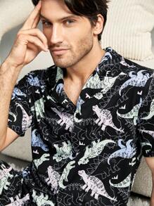 Men Dinosaur Print PJ Set - Black - View 3
