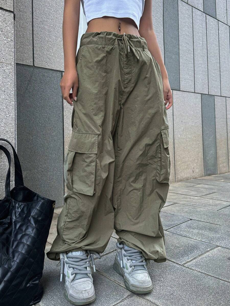 DAZY Flap Pocket Side Cargo Trousers - Army Green - View 1