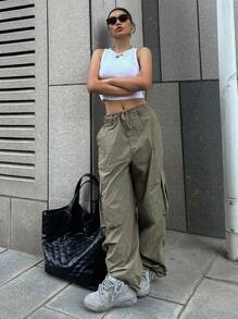 DAZY Flap Pocket Side Cargo Trousers - Army Green - View 3