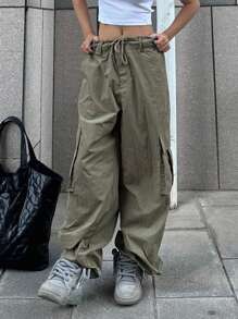 DAZY Flap Pocket Side Cargo Trousers - Army Green - View 4