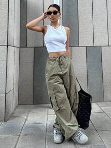 DAZY Flap Pocket Side Cargo Trousers - Army Green - View 6