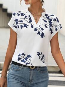 SHEIN LUNE Floral Print Batwing Sleeve Notched Neckline Blouse,Short Sleeve Tops - White - View 4