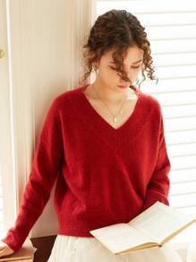 Knit Mix 法式休闲时尚情人节V领宽松长袖针织套头衫女款春秋冬 - 紅色 - 查看 1