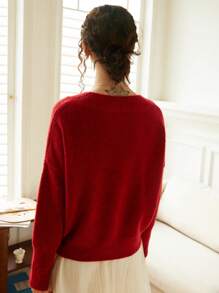 Knit Mix 法式休闲时尚情人节V领宽松长袖针织套头衫女款春秋冬 - 紅色 - 查看 2