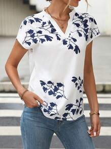 SHEIN LUNE Floral Print Batwing Sleeve Notched Neckline Blouse,Short Sleeve Tops - White - View 5