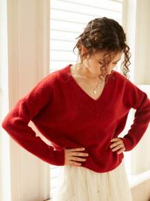 Knit Mix 法式休闲时尚情人节V领宽松长袖针织套头衫女款春秋冬 - 紅色 - 查看 3