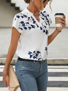SHEIN LUNE Floral Print Batwing Sleeve Notched Neckline Blouse,Short Sleeve Tops - White - View 6
