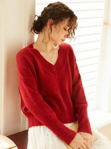 Knit Mix 法式休闲时尚情人节V领宽松长袖针织套头衫女款春秋冬 - 紅色 - 查看 5