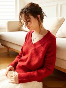 Knit Mix 法式休闲时尚情人节V领宽松长袖针织套头衫女款春秋冬 - 紅色 - 查看 6