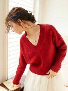 Knit Mix 法式休闲时尚情人节V领宽松长袖针织套头衫女款春秋冬 - 紅色 - 查看 7