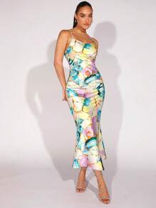 SHEIN BAE 大理石圖案露背交叉魚尾裙下擺吊帶連衣裙 - 彩色 - 查看 4