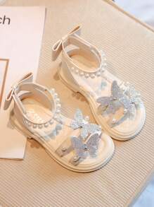水鑽和人造珍珠裝飾踝帶平底涼鞋,孩子們的平底鞋