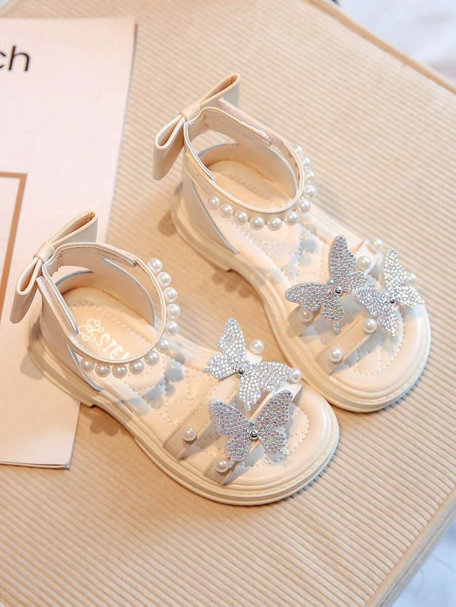 水鑽和人造珍珠裝飾踝帶平底涼鞋,孩子們的平底鞋