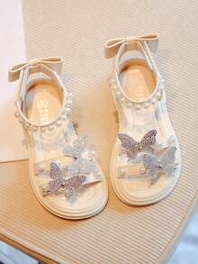 水鑽和人造珍珠裝飾踝帶平底涼鞋,孩子們的平底鞋