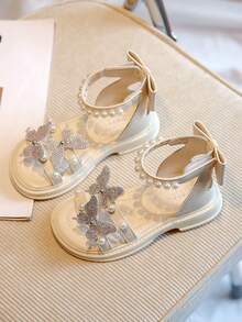 水鑽和人造珍珠裝飾踝帶平底涼鞋,孩子們的平底鞋
