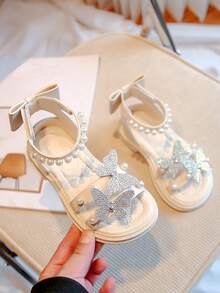 水鑽和人造珍珠裝飾踝帶平底涼鞋,孩子們的平底鞋