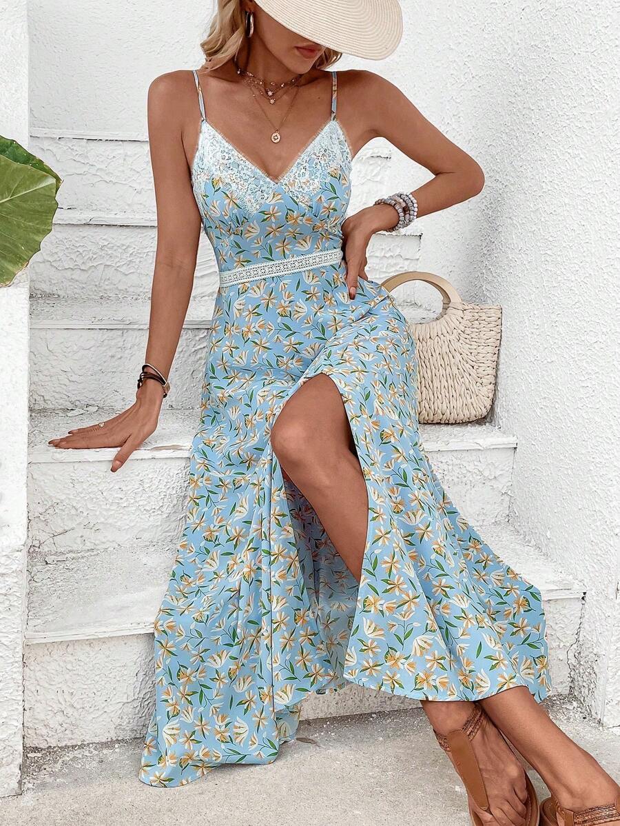 SHEIN VCAY 滿版印花蕾絲拼接高衩吊帶連衣裙 - 淺藍色 - 查看 1