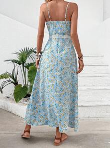 SHEIN VCAY 滿版印花蕾絲拼接高衩吊帶連衣裙 - 淺藍色 - 查看 2