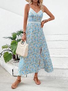 SHEIN VCAY 滿版印花蕾絲拼接高衩吊帶連衣裙 - 淺藍色 - 查看 5