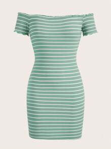 SHEIN EZwear Striped Print Off Shoulder Lettuce Trim Bodycon Dress - Mint Green - View 1