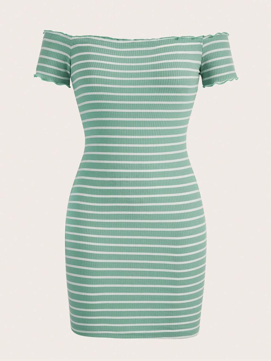 SHEIN EZwear Striped Print Off Shoulder Lettuce Trim Bodycon Dress - Mint Green - View 1