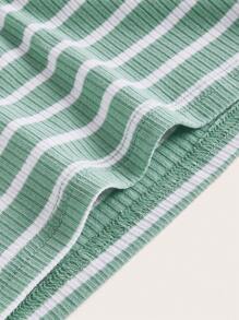 SHEIN EZwear Striped Print Off Shoulder Lettuce Trim Bodycon Dress - Mint Green - View 3