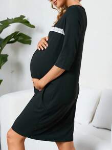 SHEIN Camicia da notte premaman con bottoni e bordi in pizzo, abito da pigiama