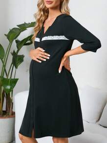 SHEIN Camicia da notte premaman con bottoni e bordi in pizzo, abito da pigiama