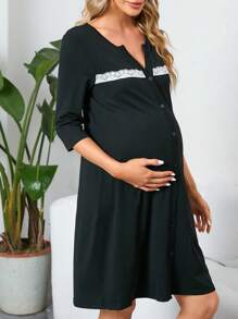 SHEIN Camicia da notte premaman con bottoni e bordi in pizzo, abito da pigiama