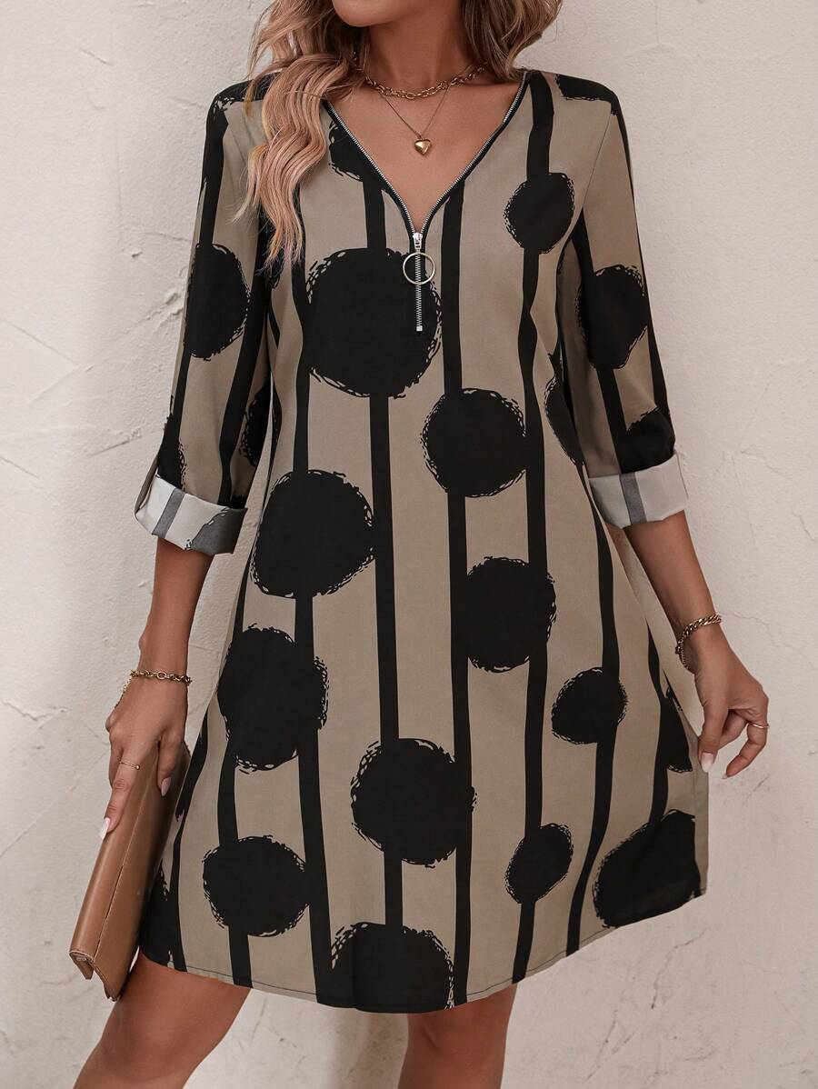 EMERY ROSE Polka Dot & Striped Print Zipper Front Dress - Multicolor - View 1