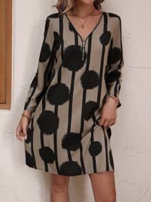 EMERY ROSE Polka Dot & Striped Print Zipper Front Dress - Multicolor - View 5