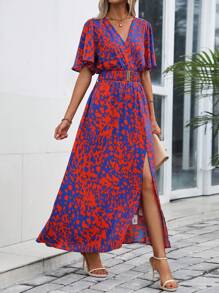 SHEIN Clasi In Toàn bộ áo tay bướm Tách đùi Đầm - Nhiều màu - Xem 3