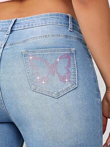 SHEIN LUNE In bướm Quần jean ôm - Rửa nhẹ - Xem 6