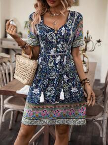 EMERY ROSE Floral Print Tassel Detail Dress - Navy Blue - View 4