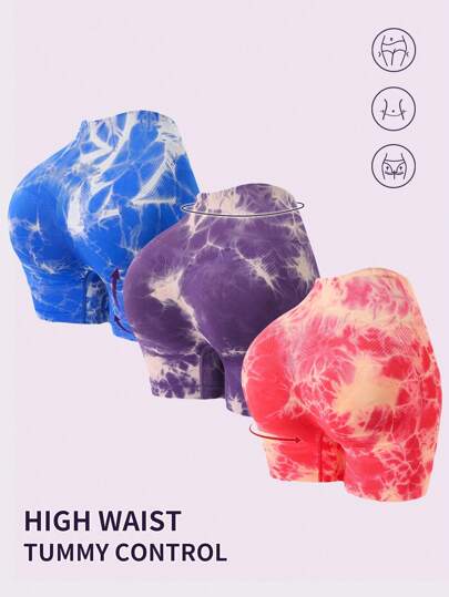 3pcs Seamless Breathable Softness Tie Dye Scrunch Butt Sports Shorts