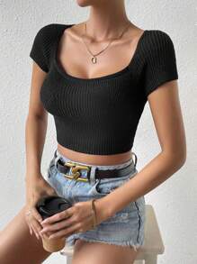 SHEIN Privé Áo dệt kim nữ Gân đan màu trơn Giải trí - màu đen - Xem 1