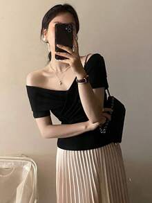 Camiseta unicolor cruzado de hombros descubiertos - Negro - Ver 3