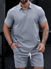 Manfinity Homme 男士純色上身和斜口袋短褲 - 灰色 - 查看 4