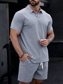 Manfinity Homme 男士純色上身和斜口袋短褲 - 灰色 - 查看 6
