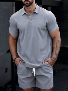 Manfinity Homme 男士純色上身和斜口袋短褲 - 灰色 - 查看 8